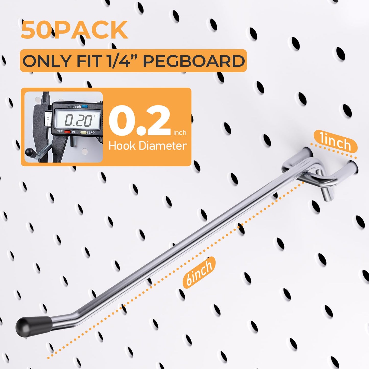 INCLY 50 Pack 6 Inch Pegboard Hooks, 1/4" Heavy Duty Peg Board Hooks Accessories with Rubber Tipped, Peg Board Tool Hangers Fit 1/4" Pegboard for Hanging Tools Garage, Craft Room, Kitchen, Store