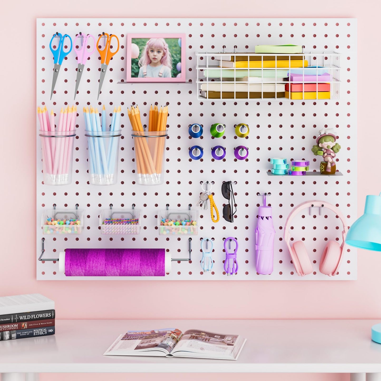 INCLY 30PCS Peg Board Organizer Accessories Kit, Pegboard Hooks Assortment with Bins, Cups, Wire Baskets and Paper Towel Holder for 1/8“ and 1/4” Pegboard Garage Workbench Craft Room Organizing Tools