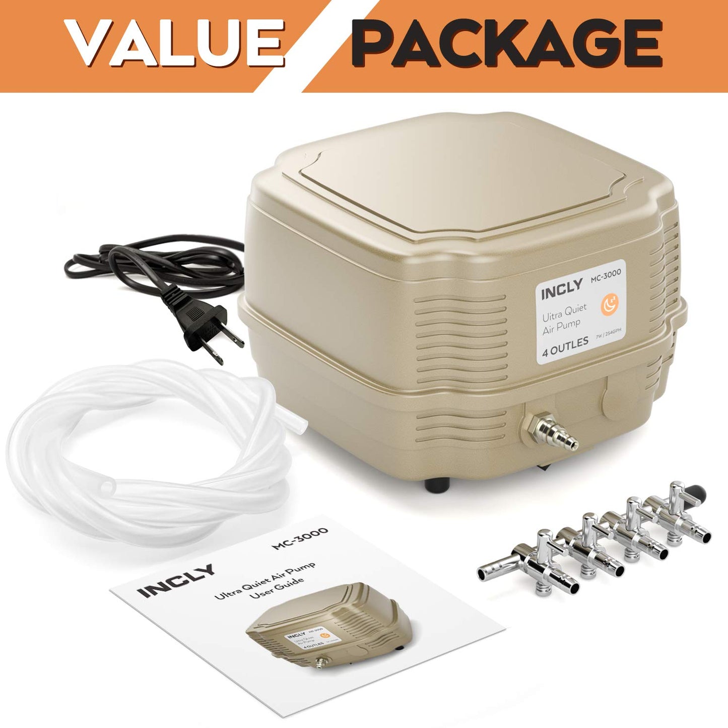 INCLY 7W Ultra Silent Aquarium Air Pump - 245 Gallon/Hr, 4 Adjustable Outlets - Commercial & Hydroponics Oxygen Bubbler for Fish Tank & Pond