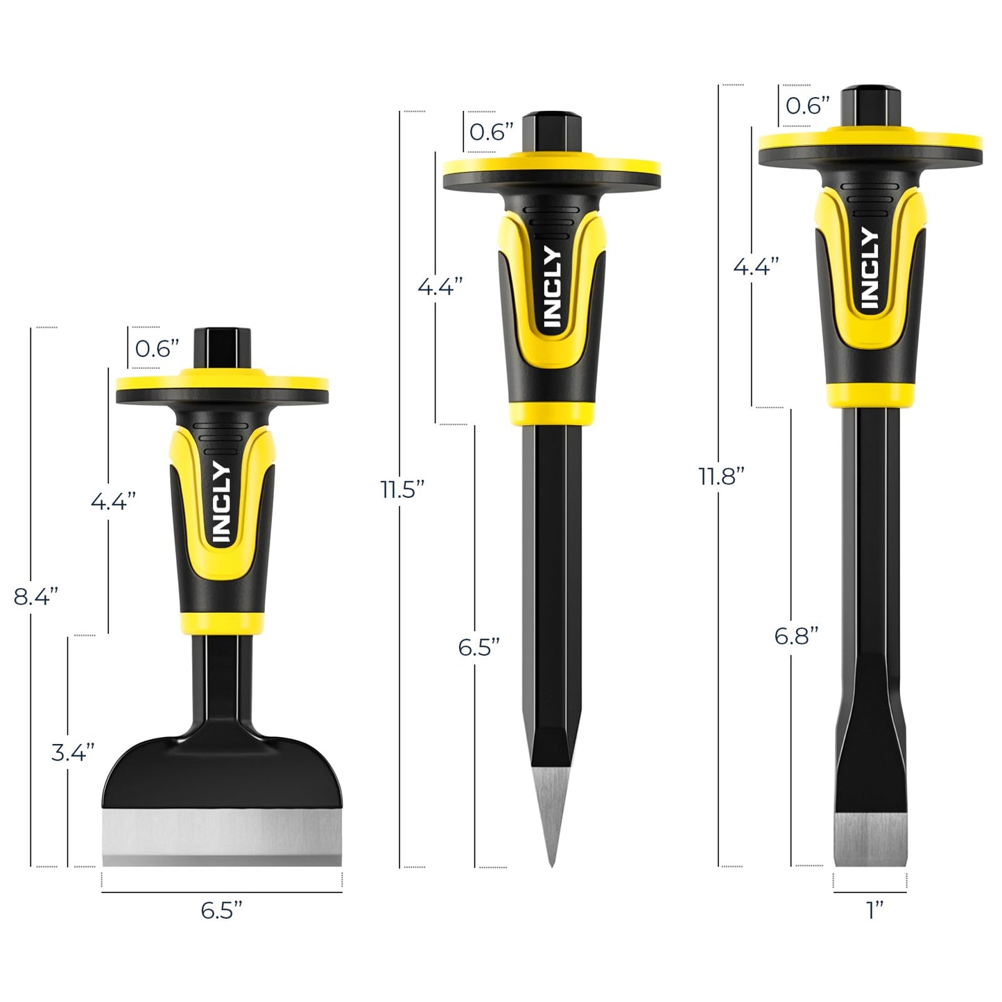 INCLY 3PCS Masonry Chisel Set with Hand Guard, Stone and Rock Chisel, Heavy Duty Concrete Chisel Tools Including 11 Inch Point & Flat, 8 Inch Brick Chisels for Breaking Splitting Cutting