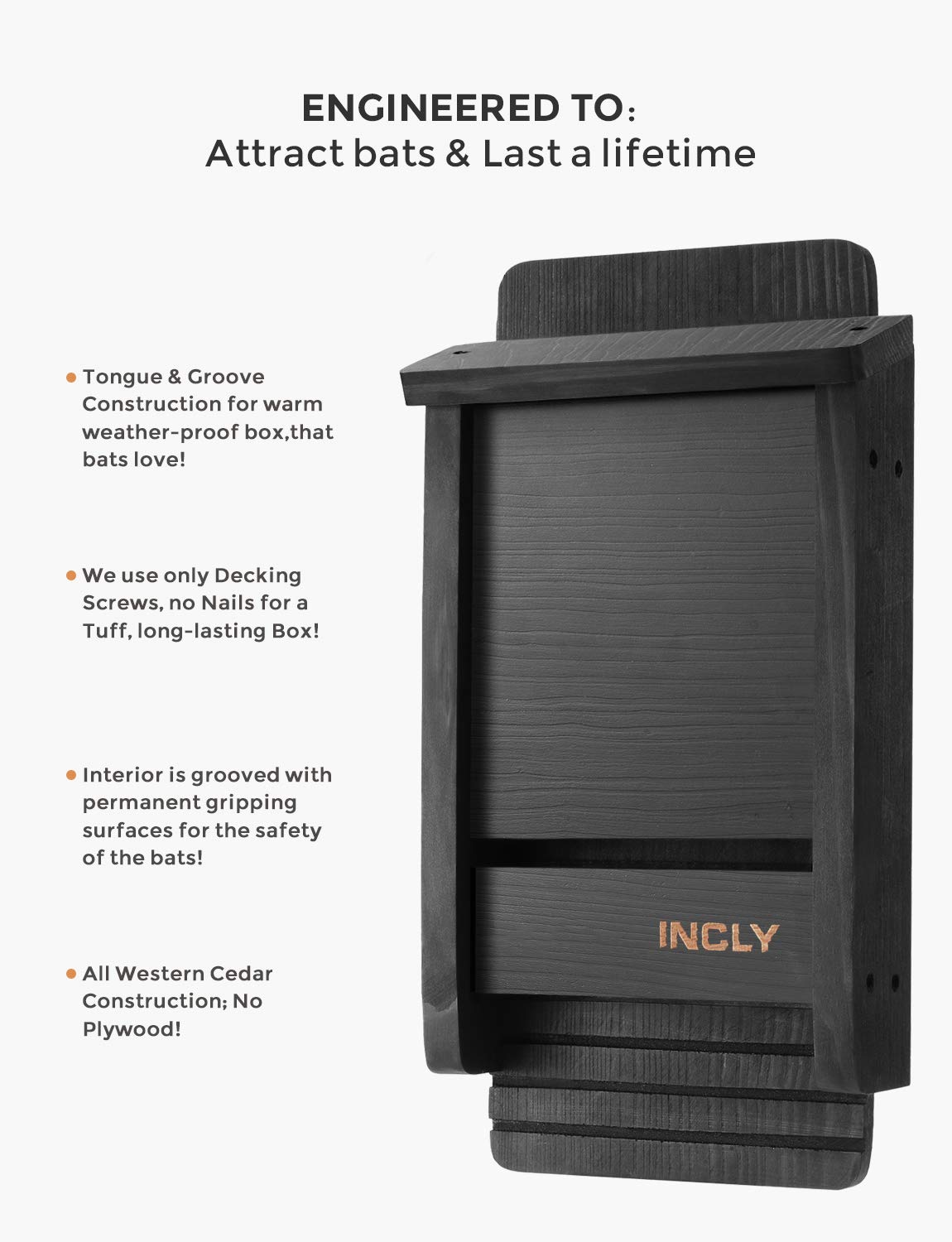 INCLY Small Bat House Kit for Outdoors 14.6"x6.7"x2.2" Shelter Box Roosting Single Chamber Black Natural Cedar Wood, Pre-Finished Easy to Install