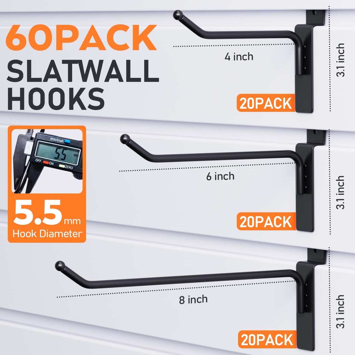 INCLY 60 Pack Slatwall Hooks, 4/6/8 Inch Heavy Duty Black Slat Wall Hanging Hook and Hanger, Slatwall Panel Accessories Assortment Display Hooks for Garages, Sheds, Basements, Retail Stores