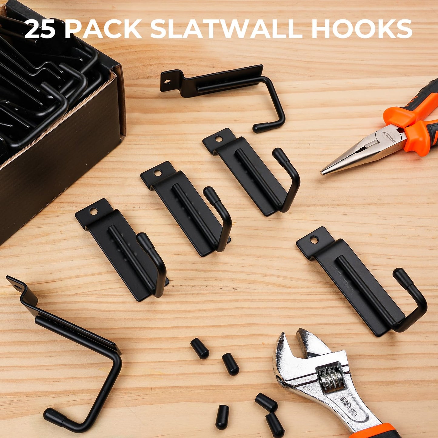 INCLY 25 Pack J-Shaped Slatwall Hooks, Heavy Duty Slat Wall Hanging Hook and Hanger, Slatwall Panel Accessories Display Hooks for Garage, Kitchen, Retail Store