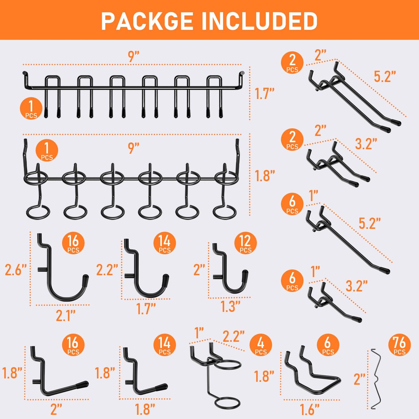 INCLY 176PCS Extra Thick Black Pegboard Hooks Set, 1/4" Heavy Duty Metal Peg Board Hook Assortment with Peg Lock Pegboard Accessories for Garage Wall Organizer Hanging Tools