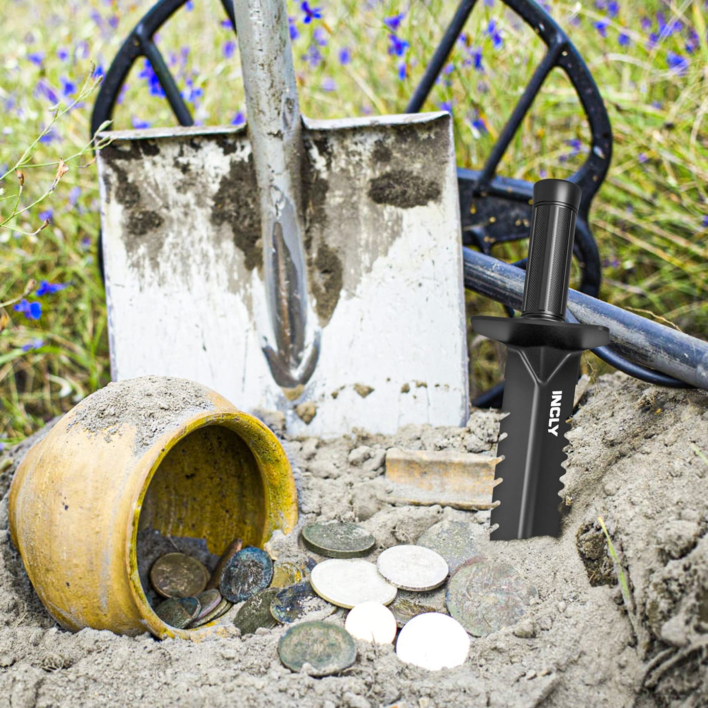 INCLY Metal Detector Shovel, Heavy Duty Double Serrated Edge Digger, Detecting Digging Tool with Sheath for Belt Mount, Gardening & Detecting Accessories for Metal Detection Digging Weeding Planting