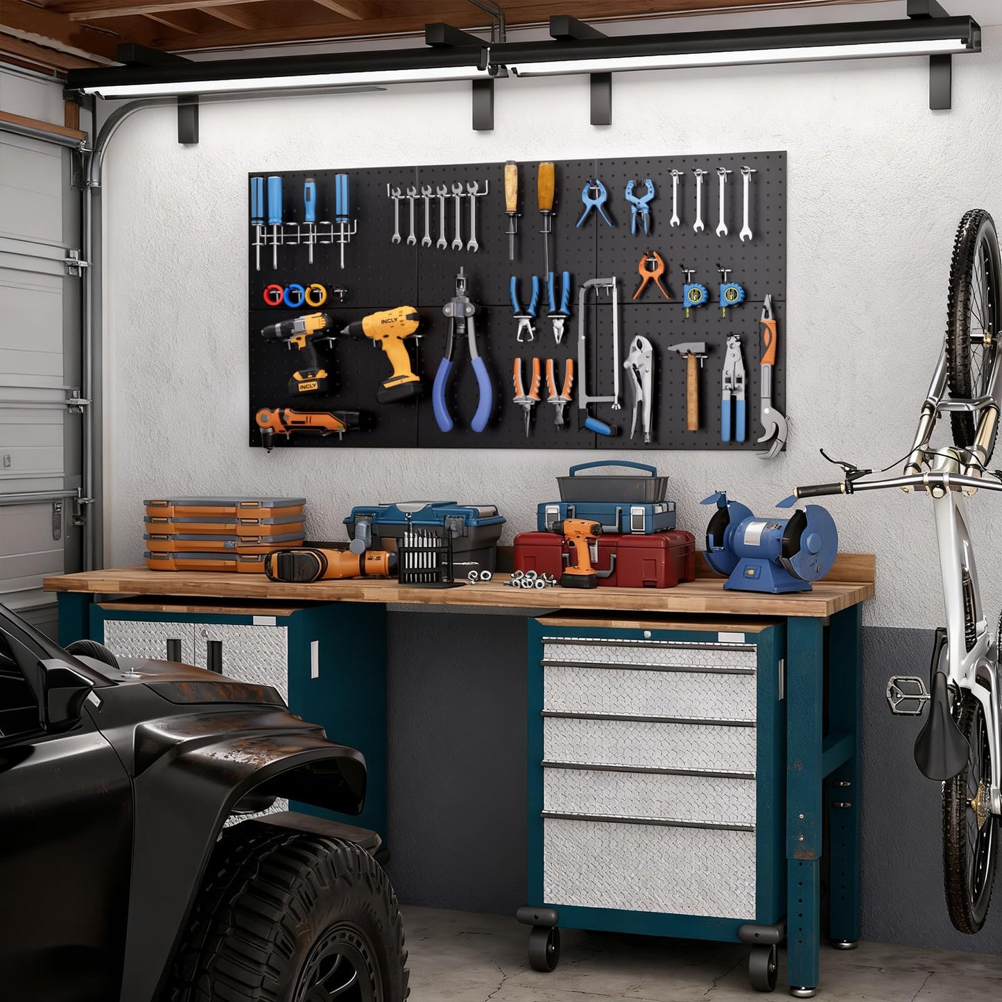 INCLY 90PCS Pegboard Wall Organizer, 6 Pack Metal Peg Board Panels with 1/4" Pegboard Hooks Accessories Kit, Black Peg Board for Walls Home, Garage Tool Storage, Workbench Organization
