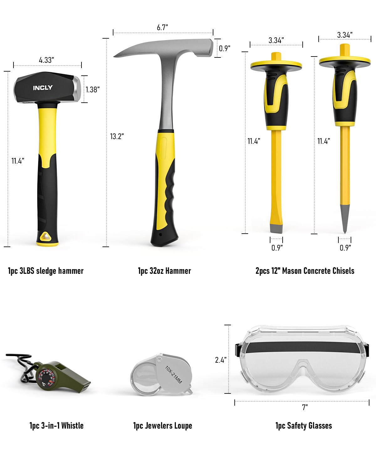 INCLY 7 Pcs Geology Rock Pick Equipment Kit, 3lb Sledge &32 oz Rock Hammer with 2PCS 12" Mason Concrete Chisel.Safety Glasses, Jewelers loupe, Tool Set for Hounding, GoldMining, Stone Breaking