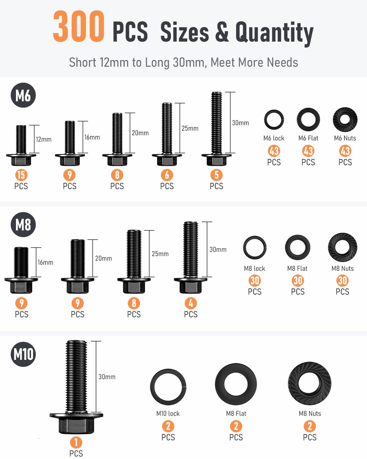 INCLY 300PCS M6 M8 M10 Metric Screw Assortment, 12 16 20 25 30mm Machine Screws, Black Nuts and Bolts with Lock & Flat Washers, Grade 10.9 Alloy Steel Hex Socket Head Cap Bolt Set