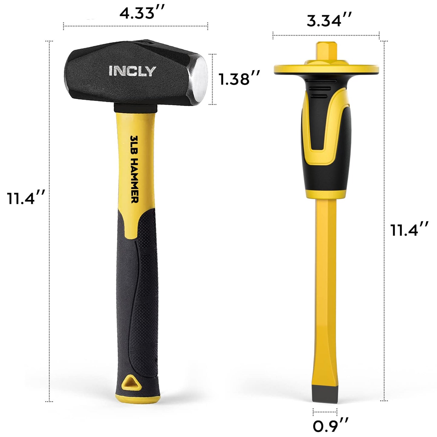 INCLY 4 PCS Geology Rock Pick Equipment Kit, 3 Pound Sledge Rock Hammer with 12" Mason Concrete Chisel, Safety Glasses, Gloves, Tool Set for Hounding, Gold Mining & Prospecting, Brick Stone Breaking