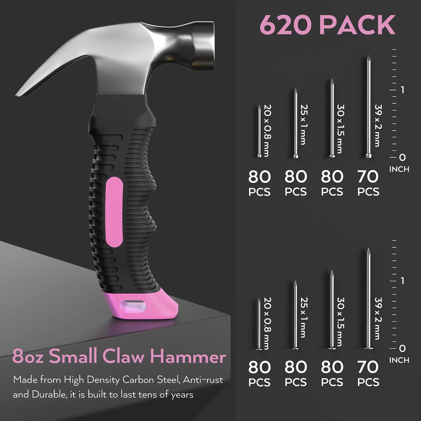 INCLY 620 PCS Small Nails for Hanging Pictures Assortment Kit with 8oz Pink Small Hammer, Mini Hammer Set with Hardware Nails Assorted Set 310 Wall Nails & 310 Finish Nails for Installing with Case