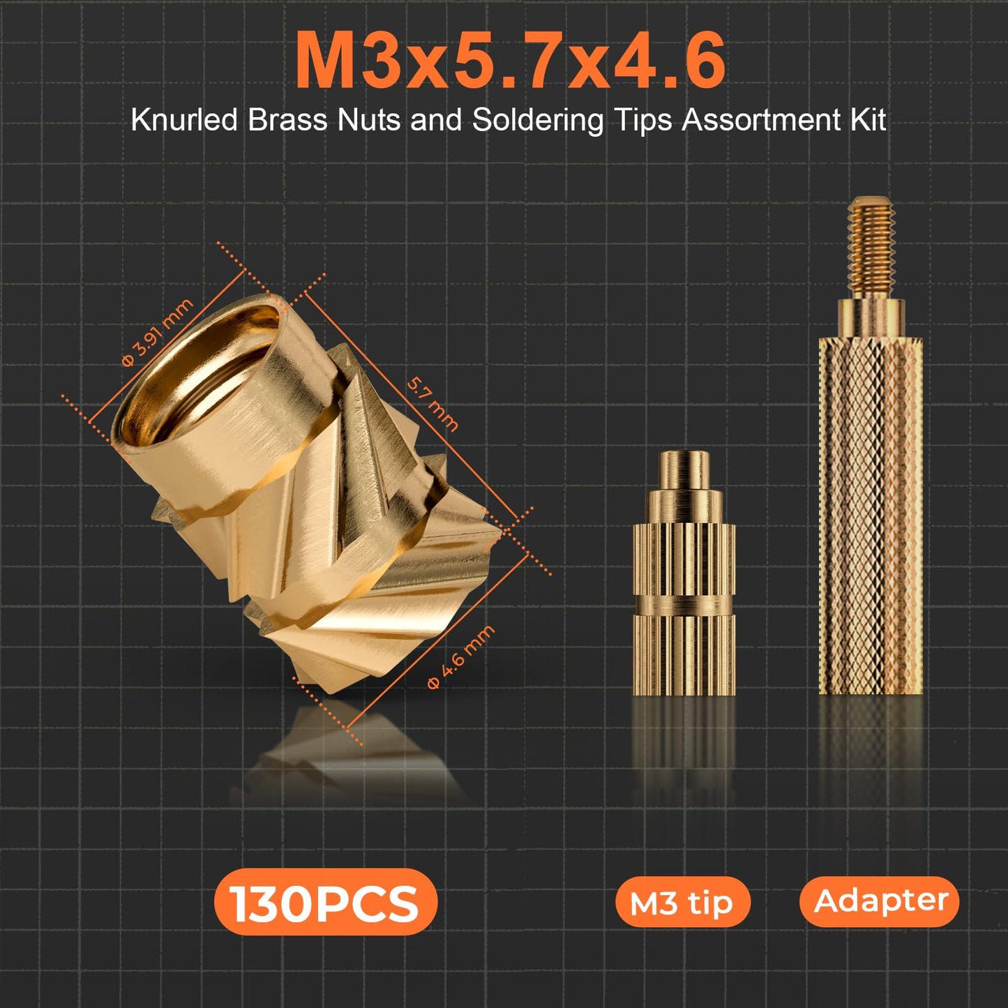 INCLY 130PCS M3 Heat Set Inserts, with Soldering Iron Tip and Adapter, M3x5.7 Female Thread Metric Knurled Nuts Assortment Kit, Brass Threaded Inserts for Plastic 3D Printing Components