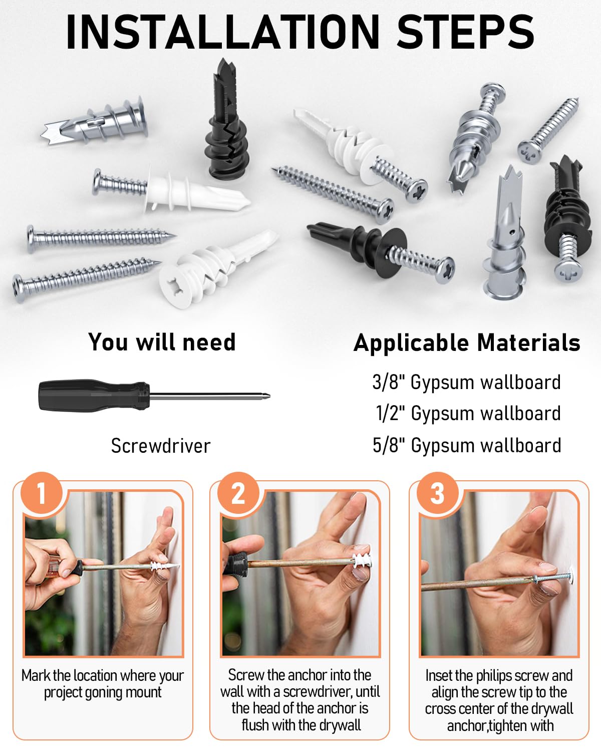 INCLY 200PCS #8 Drywall Anchors Kit Self Drilling, 100 Zinc Metal & Plastic Heavy Duty Dry Wall Anchors and 100 Philips Screws Assortment for Drywall Sheetrock Hanging and Mounting with Case