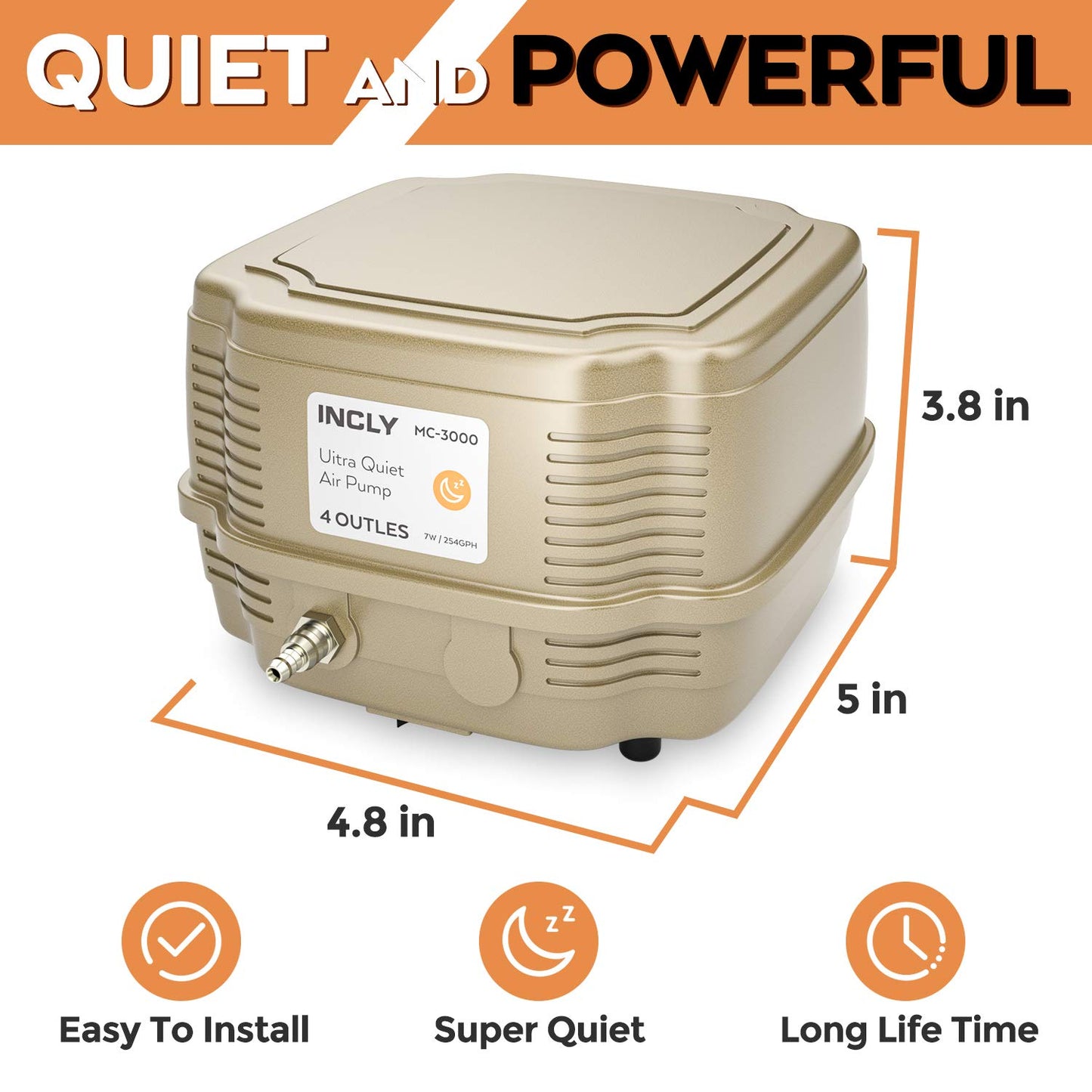 INCLY 7W Ultra Silent Aquarium Air Pump - 245 Gallon/Hr, 4 Adjustable Outlets - Commercial & Hydroponics Oxygen Bubbler for Fish Tank & Pond