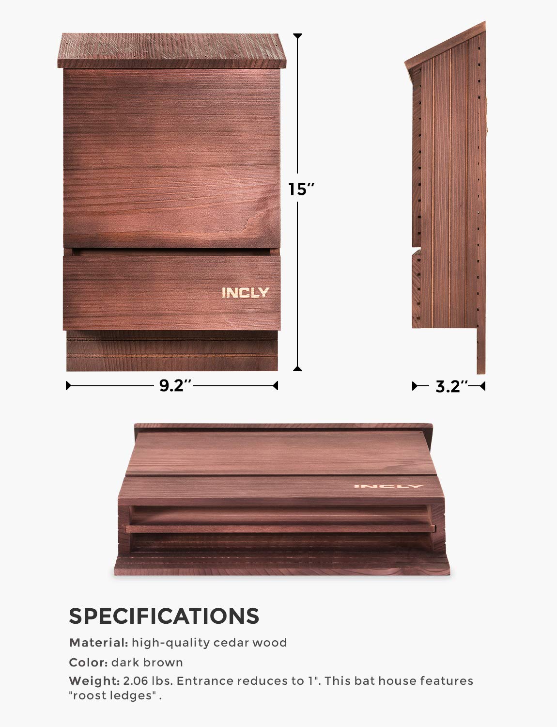 INCLY Bat House for Outdoors 15"x9.2"x3.2" Shelter Box kit Double Chamber Dark Natural Cedar Wood, Pre-Finished Easy to Install