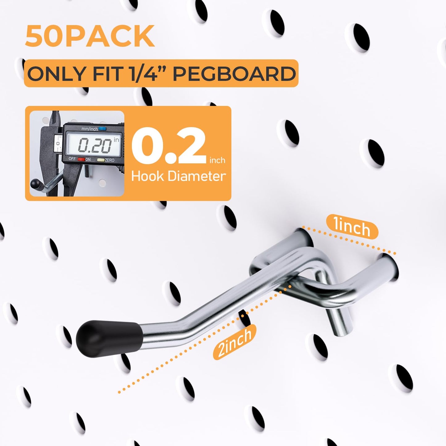 INCLY 50 Pack 2 Inch Pegboard Hooks, 1/4" Heavy Duty Peg Board Hooks Accessories with Rubber Tipped, Peg Board Tool Hangers Fit 1/4" Pegboard for Hanging Tools Garage, Craft Room, Kitchen, Store