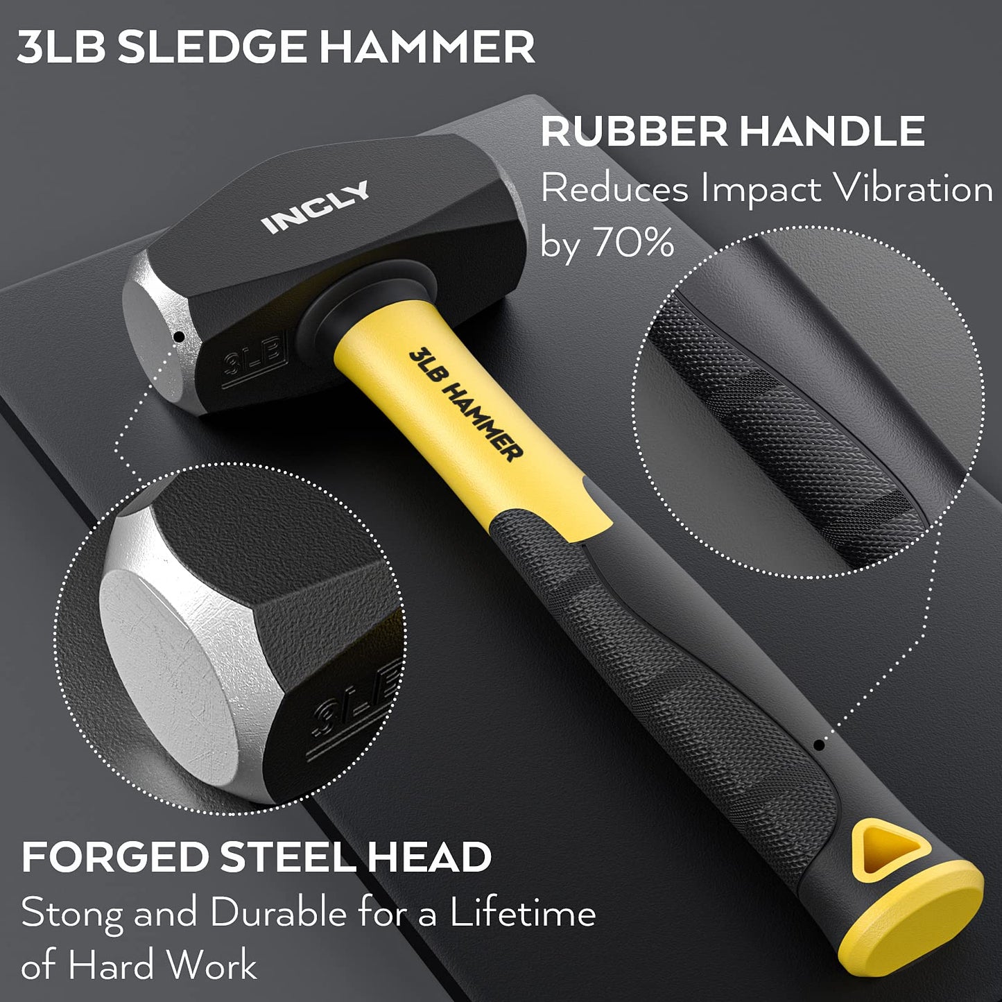 INCLY 4 PCS Geology Rock Pick Equipment Kit, 3 Pound Sledge Rock Hammer with 12" Mason Concrete Chisel, Safety Glasses, Gloves, Tool Set for Hounding, Gold Mining & Prospecting, Brick Stone Breaking