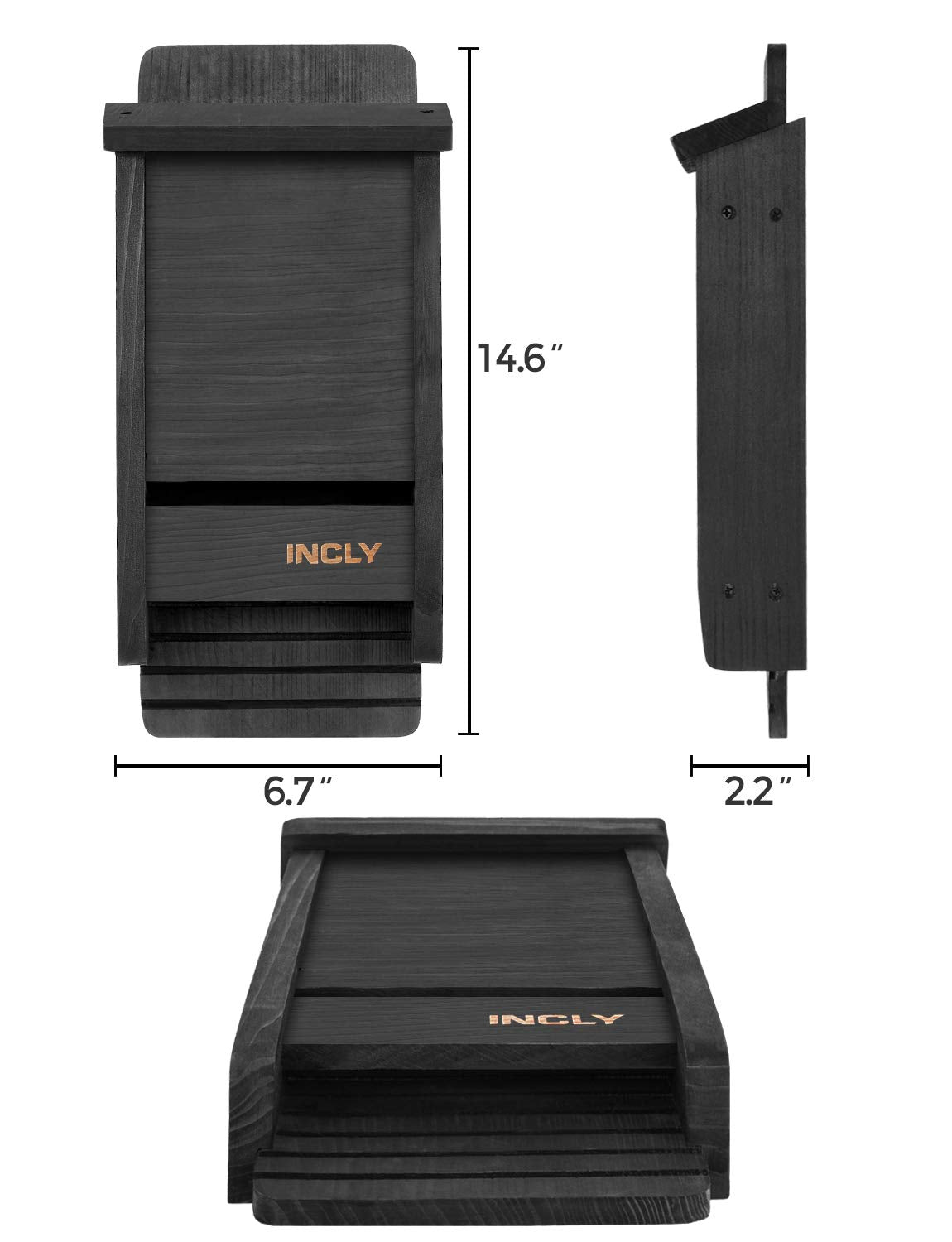 INCLY Small Bat House Kit for Outdoors 14.6"x6.7"x2.2" Shelter Box Roosting Single Chamber Black Natural Cedar Wood, Pre-Finished Easy to Install