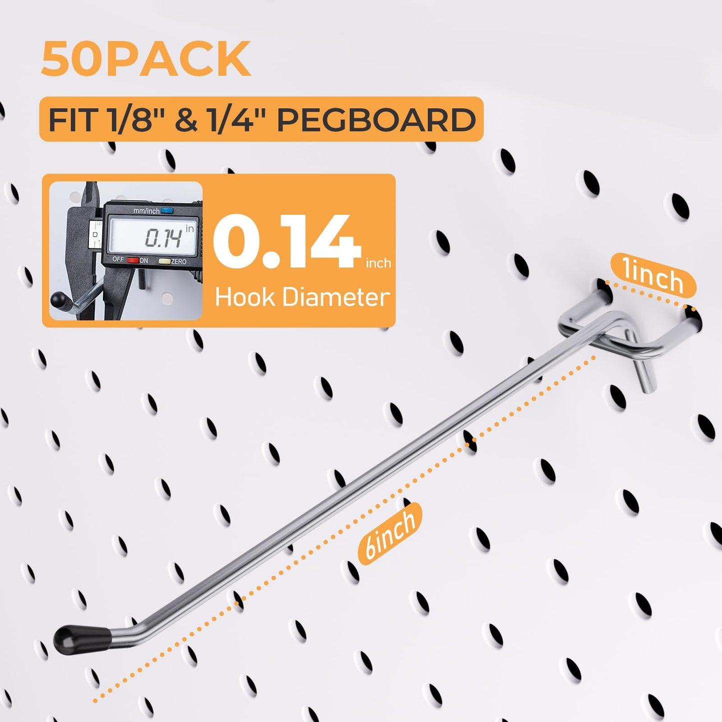 INCLY 50 Pack Pegboard Hooks, 6 Inch Metal Peg Board Shelving Hooks Accessories, Peg Board Tool Hangers Fit for 1/8“ and 1/4" Pegboard Hanging Tools for Garage, Craft Room, Kitchen, Store
