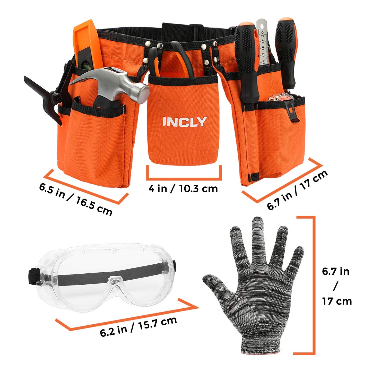 INCLY 18PCS Real Tool Set with Reinforced Belt, Adjustable Waist 20"-32", Real Hand Tools Kit Construction Learning Tools Hammer Screwdriver for Home DIY Building & Woodworking
