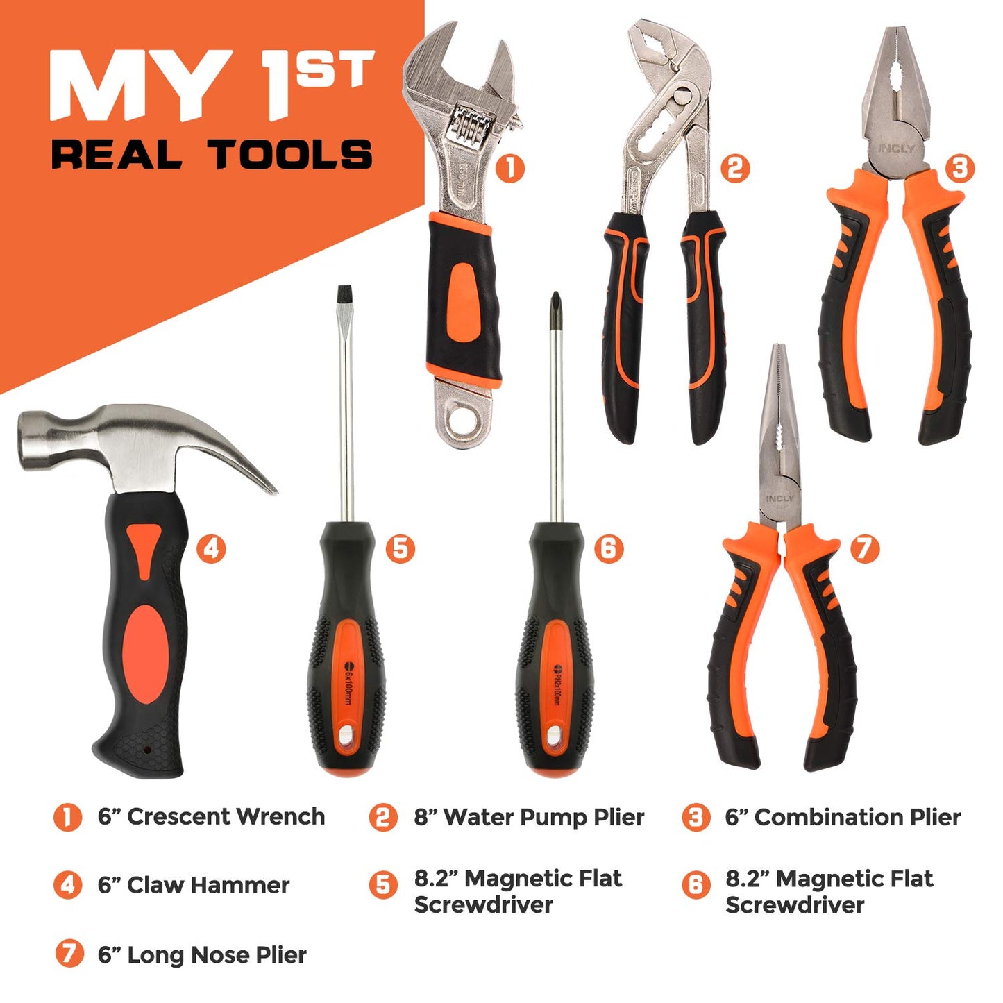 INCLY 95 PCS Real Tool Set, Small Real Hand Tools Kit, Construction Learning Tools Hammer Screwdriver for Home DIY Building and Woodworking,Come with Tool Belt & Bag