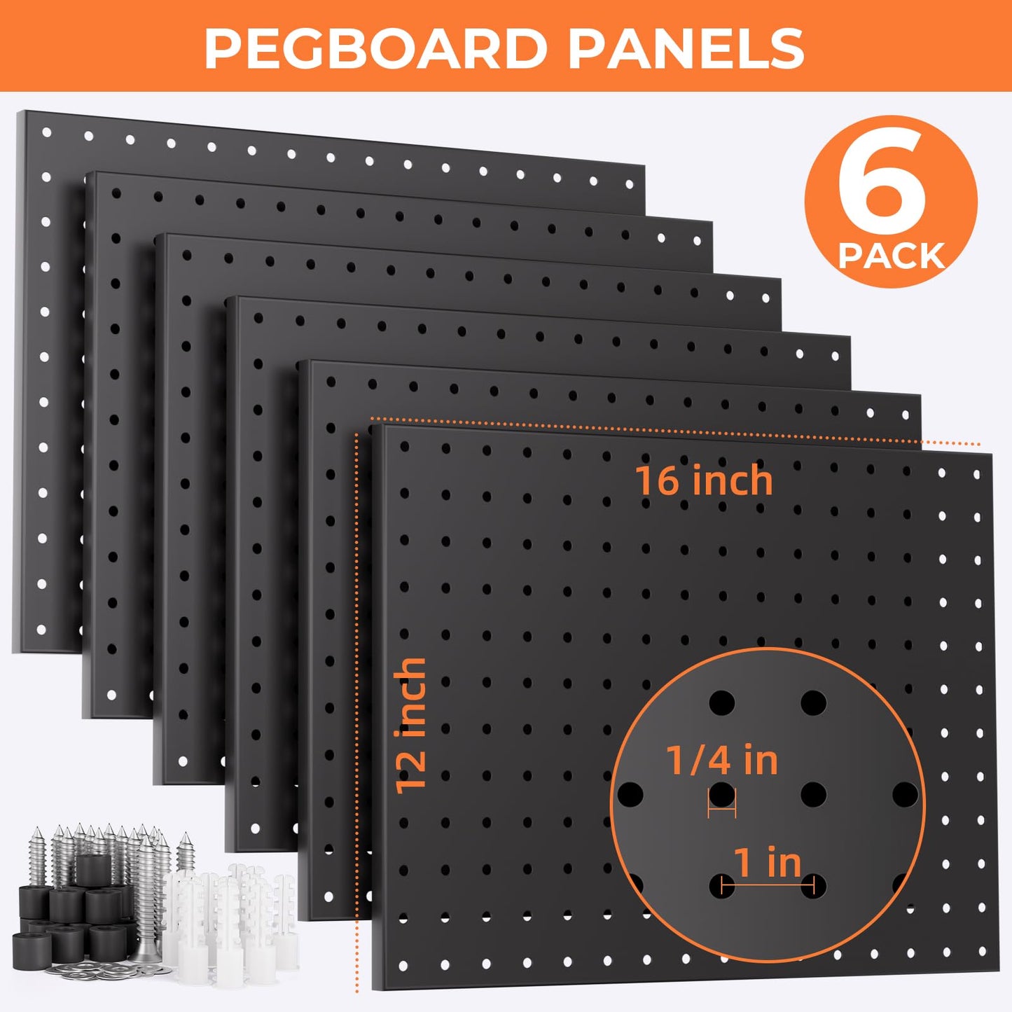 INCLY 90PCS Pegboard Wall Organizer, 6 Pack Metal Peg Board Panels with 1/4" Pegboard Hooks Accessories Kit, Black Peg Board for Walls Home, Garage Tool Storage, Workbench Organization