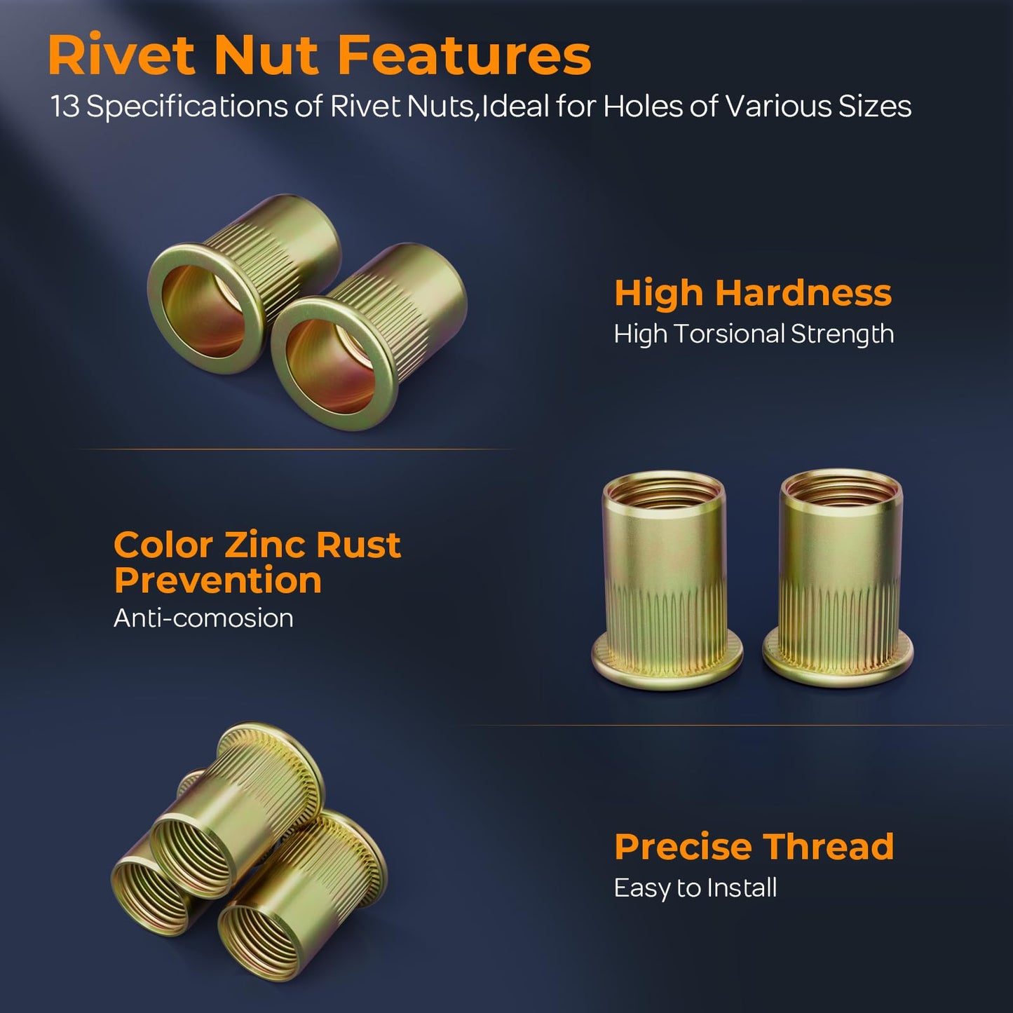 INCLY 480PCS SAE & Metric Rivet Nuts Assortment Kit, Rivet Nut Kit, M3 M4 M5 M6 M8 M10 M12,6-32,8-32,10-24,1/4-20,5/16-18,3/8-16 Flat Head Rivnuts, Galvanized Carbon Steel Threaded Inserts Nutserts