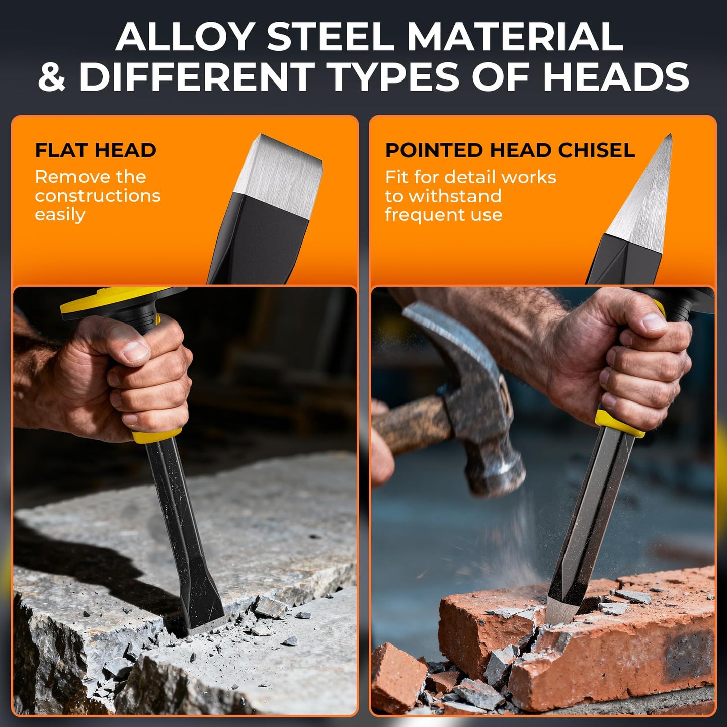 INCLY 3PCS Masonry Chisel Set with Hand Guard, Stone and Rock Chisel, Heavy Duty Concrete Chisel Tools Including 11 Inch Point & Flat, 8 Inch Brick Chisels for Breaking Splitting Cutting