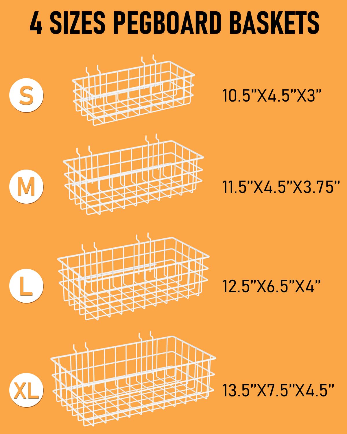 INCLY 4 Pack Pegboard Baskets Bins Set, 4 Size Square Style Metal White Wire Basket for Any Peg Board Organizing Tools, Pegboard Accessories for Workbench Garage Wall Storage Attachments