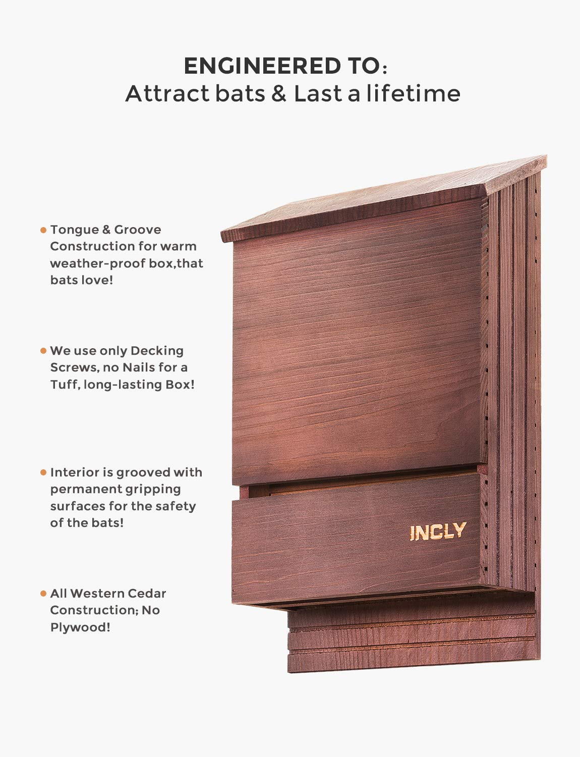 INCLY Bat House for Outdoors 15"x9.2"x3.2" Shelter Box kit Double Chamber Dark Natural Cedar Wood, Pre-Finished Easy to Install