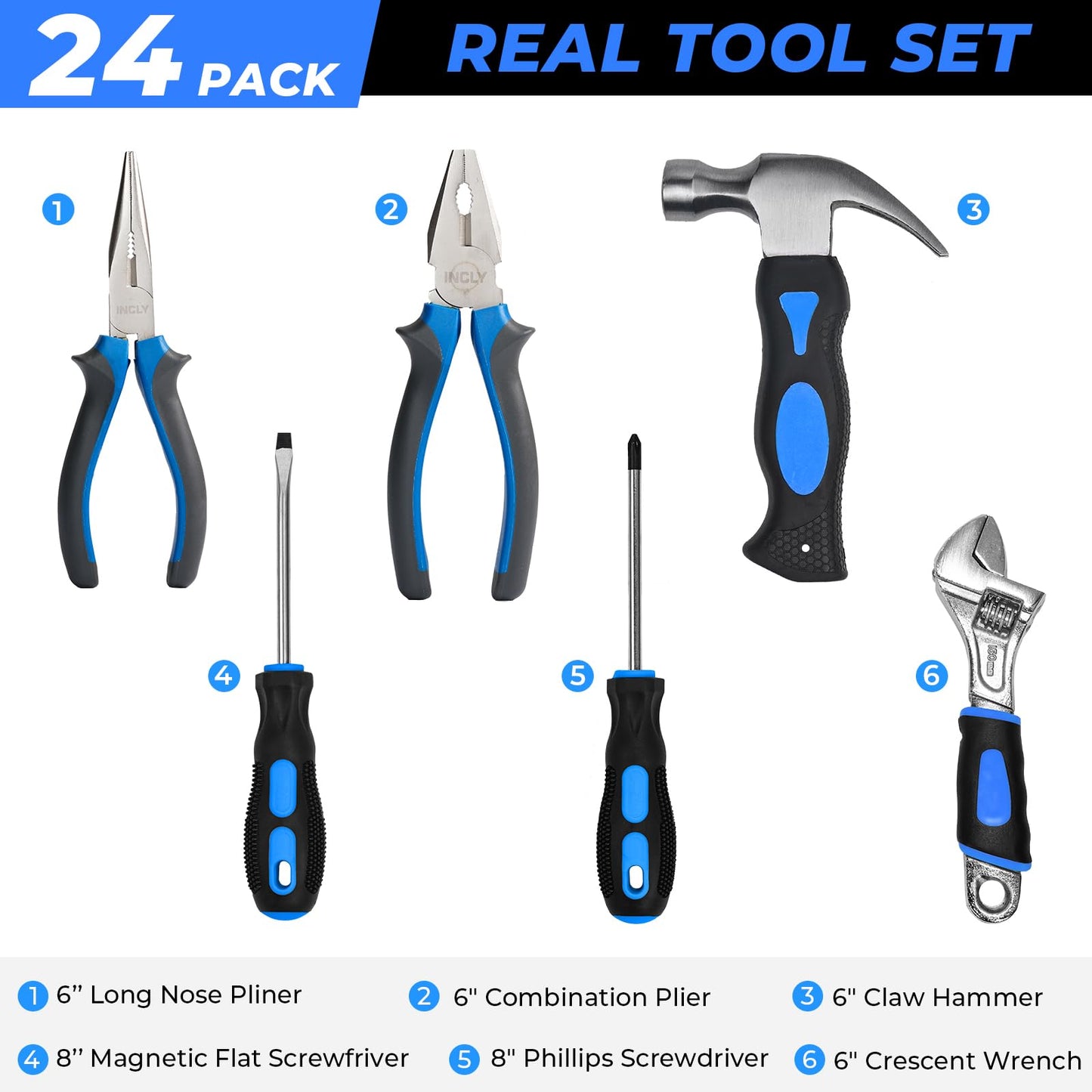 INCLY 24 PCS Real Tool Set with Tool Bag, Small Real Hand Tools Kit, Construction Learning Tools Hammer Screwdriver for Home DIY Building and Woodworking