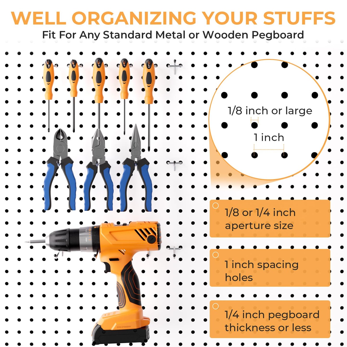 INCLY 50 Pack Pegboard Hooks, 2 Inch Metal Peg Board Hooks Accessories, Peg Board Tool Hangers Fit for 1/8“ and 1/4" Pegboard Hanging Tools for Garage, Craft Room, Kitchen, Store