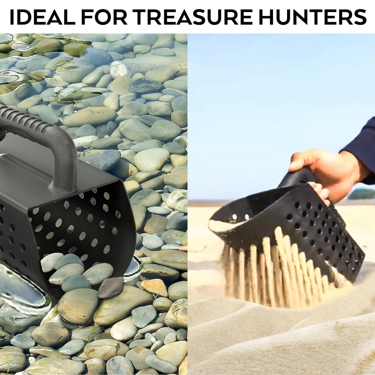 INCLY Sand Scoop & Shovel, Detecting Accessories for Kid & Adult Metal Detector, Sand Sifter Treasure Hunting & Digging Tool at The Beach & More, Black - Come with Mesh Bag
