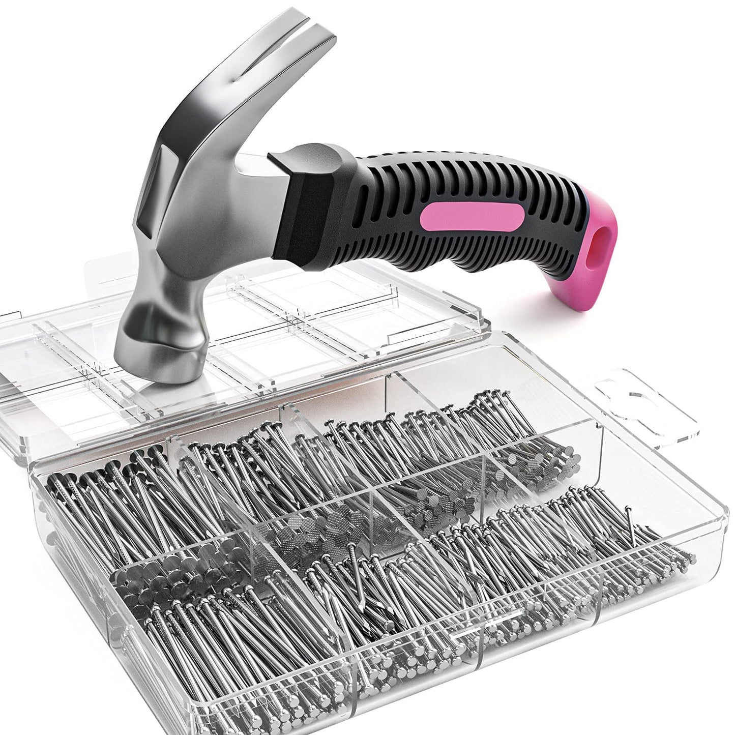 INCLY 620 PCS Small Nails for Hanging Pictures Assortment Kit with 8oz Pink Small Hammer, Mini Hammer Set with Hardware Nails Assorted Set 310 Wall Nails & 310 Finish Nails for Installing with Case