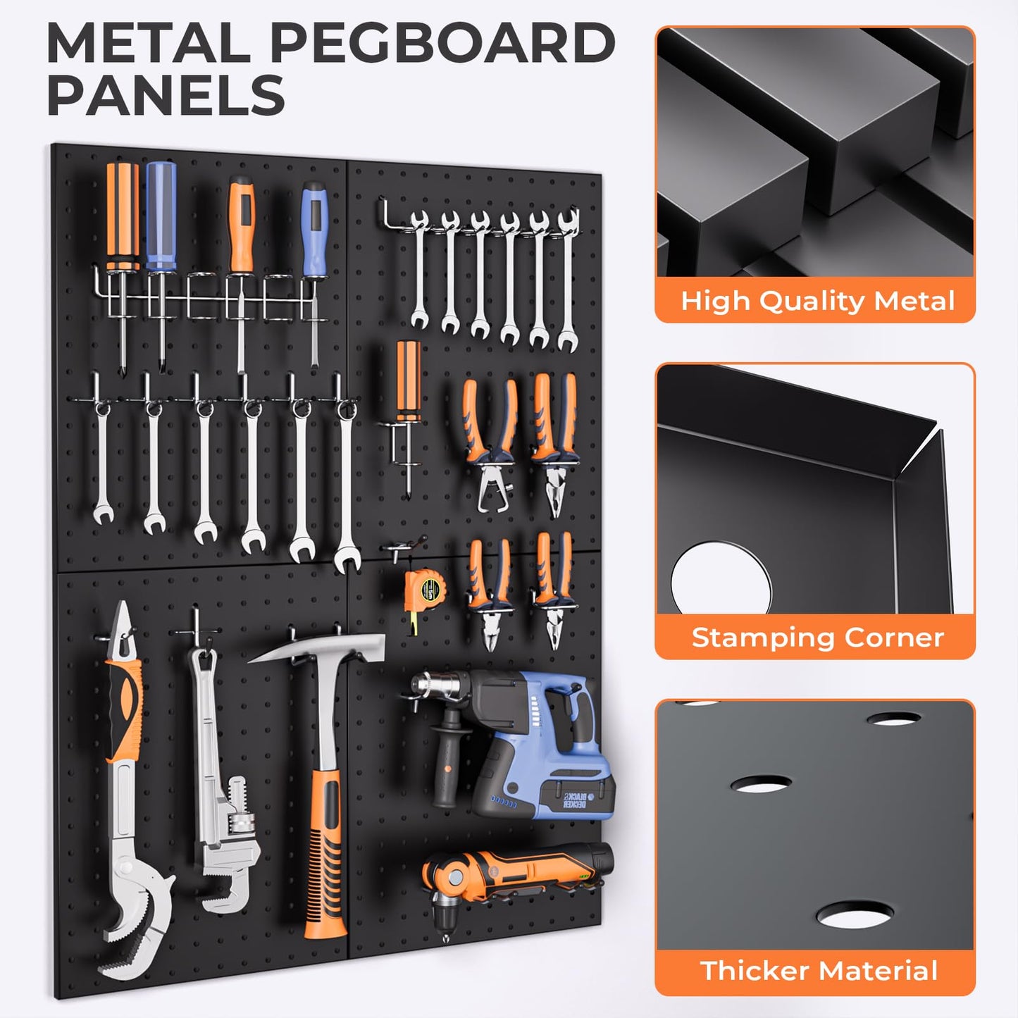 INCLY 70PCS Pegboard Wall Organizer, 4PCS Metal Peg Board Panels with 66PCS 1/4" Pegboard Hooks Accessories Kit, Black Peg Board for Walls Home, Garage Tool Storage, Workbench Organization