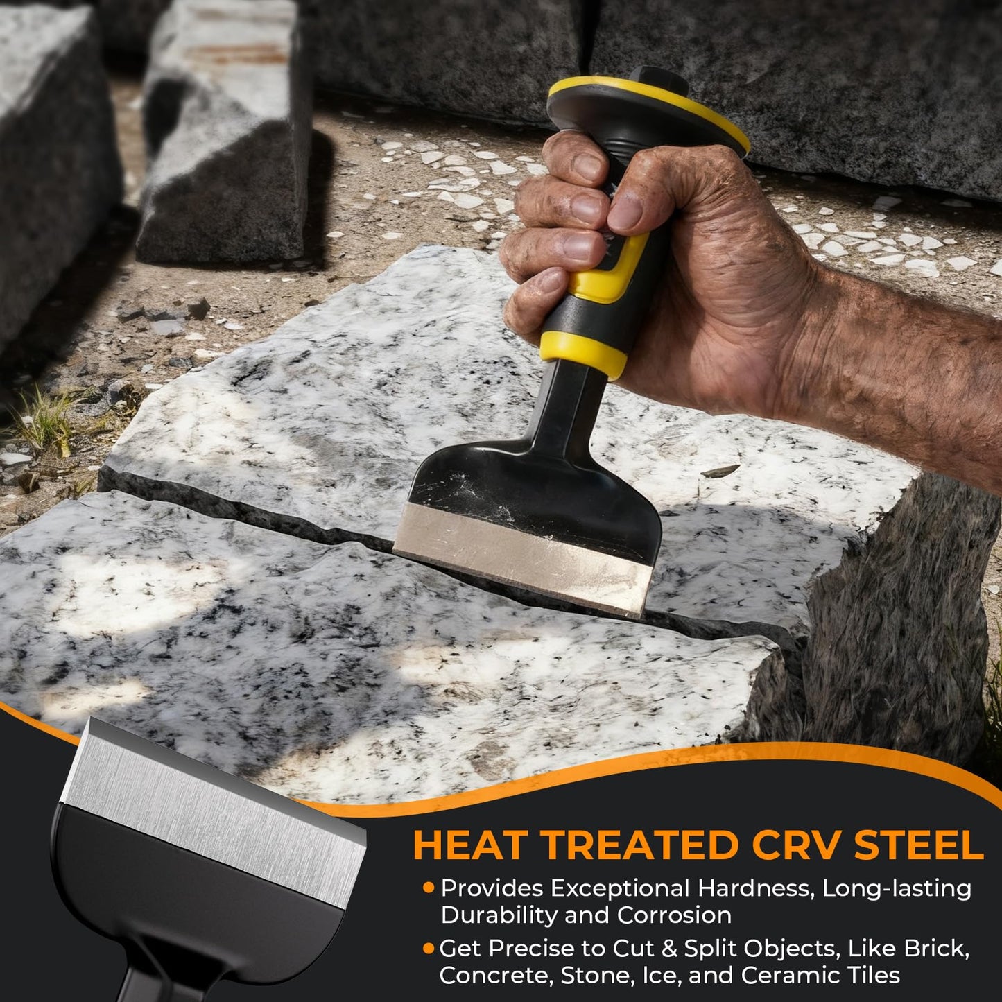 INCLY 3PCS Masonry Chisel Set with Hand Guard, Stone and Rock Chisel, Heavy Duty Concrete Chisel Tools Including 11 Inch Point & Flat, 8 Inch Brick Chisels for Breaking Splitting Cutting
