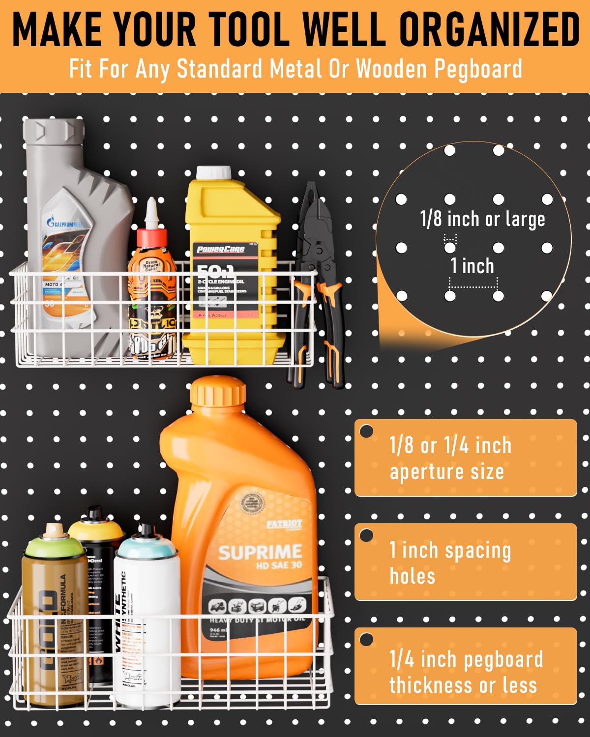 INCLY 4 Pack Pegboard Baskets Bins Set, 4 Size Square Style Metal White Wire Basket for Any Peg Board Organizing Tools, Pegboard Accessories for Workbench Garage Wall Storage Attachments