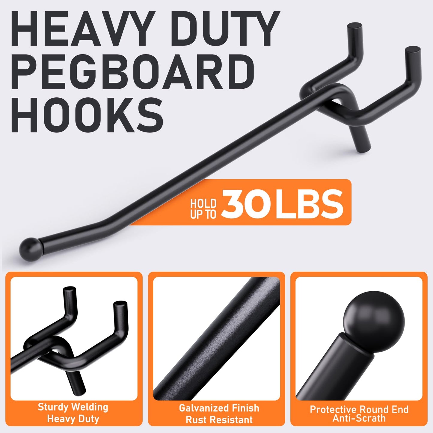 INCLY 60 Pack 4/6/8 Inch Black Pegboard Hooks, 1/4" Heavy Duty Peg Board Shelving Hooks Accessories, Peg Board Tool Hangers Fit 1/4" Pegboard for Organizing Garage, Craft Room, Kitchen, Store