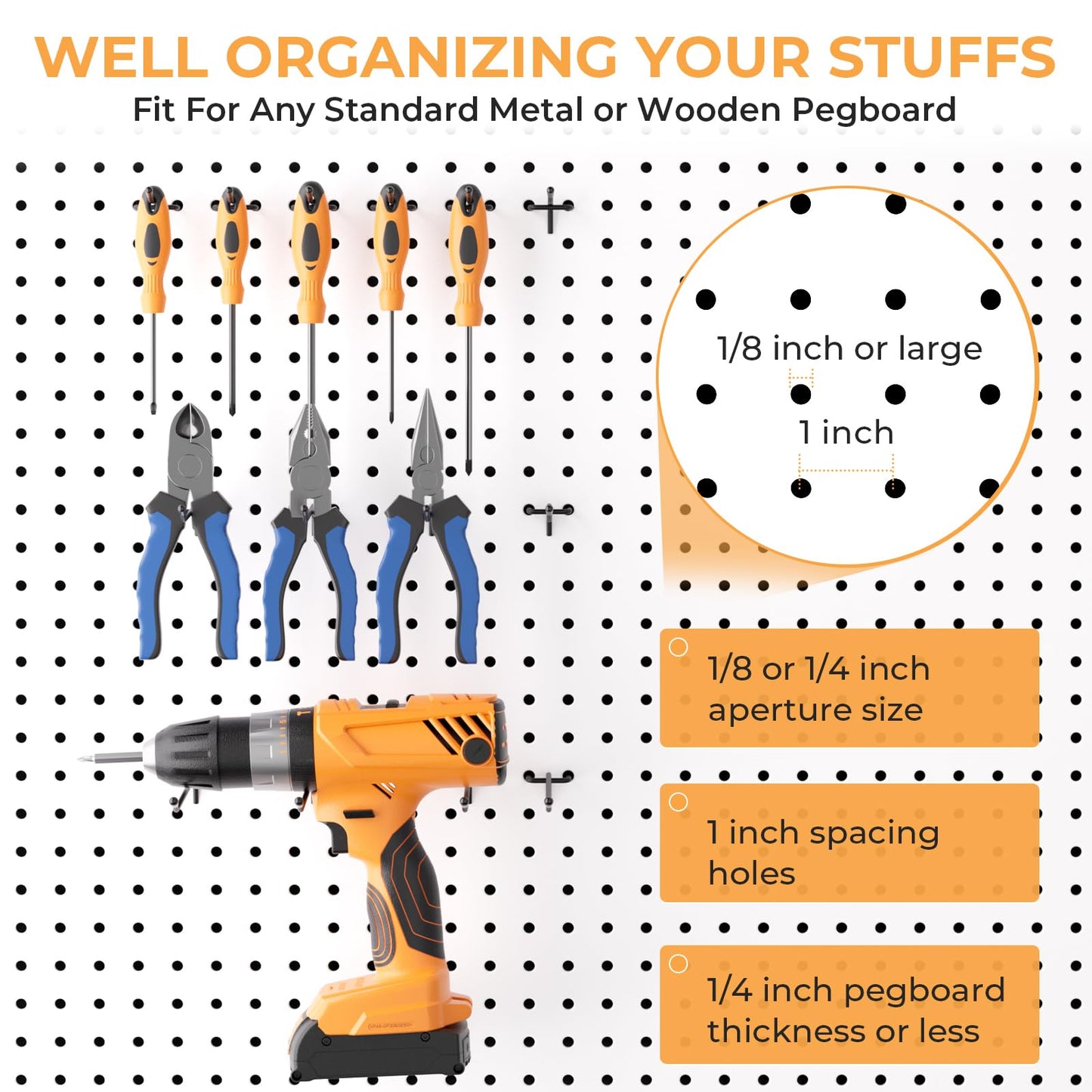 INCLY 50 Pack Black Pegboard Hooks, 2 Inch Metal Peg Board Hooks Accessories, Peg Board Tool Hangers Fit for 1/8“ and 1/4" Pegboard Hanging Tools for Garage, Craft Room, Kitchen, Store