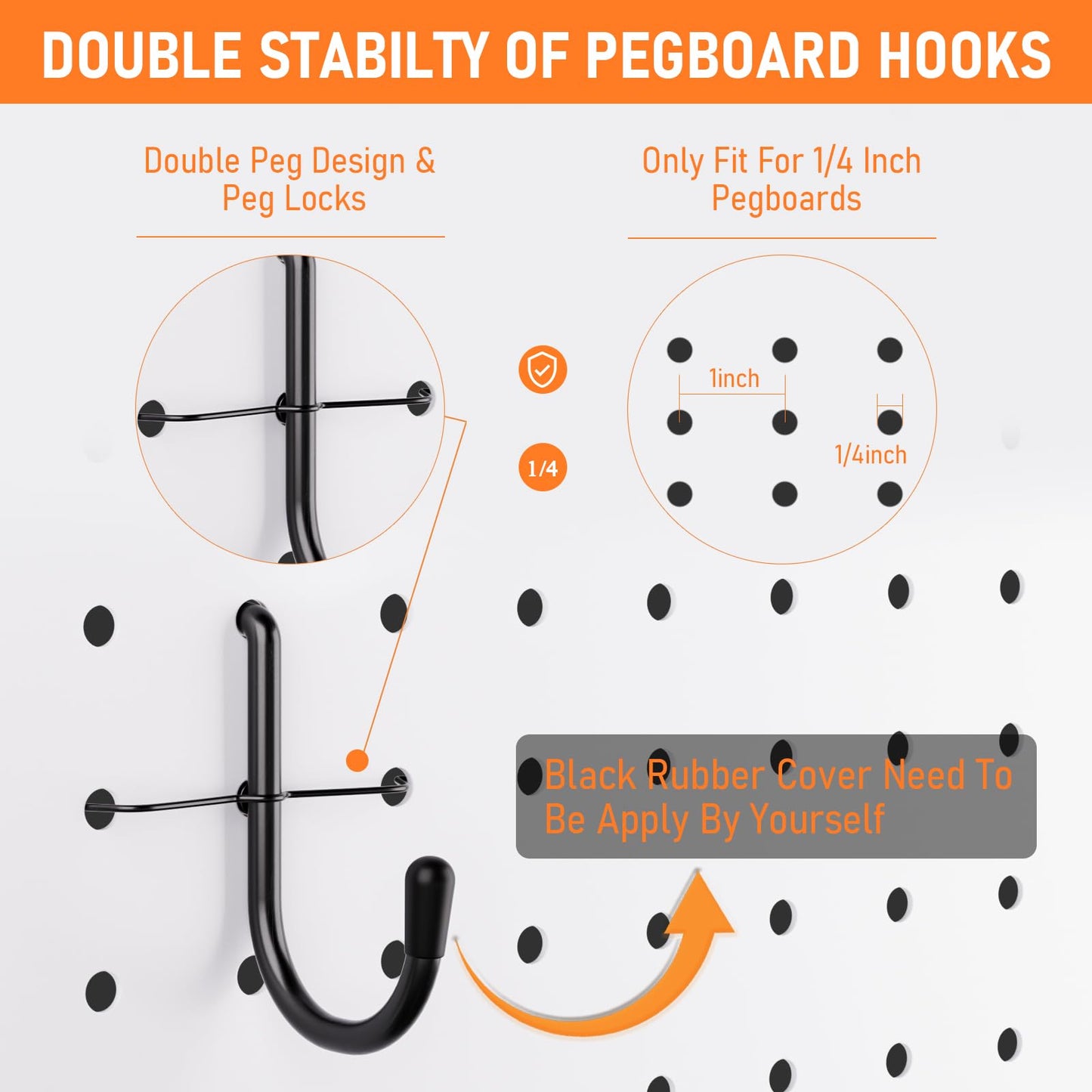 INCLY 176PCS Extra Thick Black Pegboard Hooks Set, 1/4" Heavy Duty Metal Peg Board Hook Assortment with Peg Lock Pegboard Accessories for Garage Wall Organizer Hanging Tools