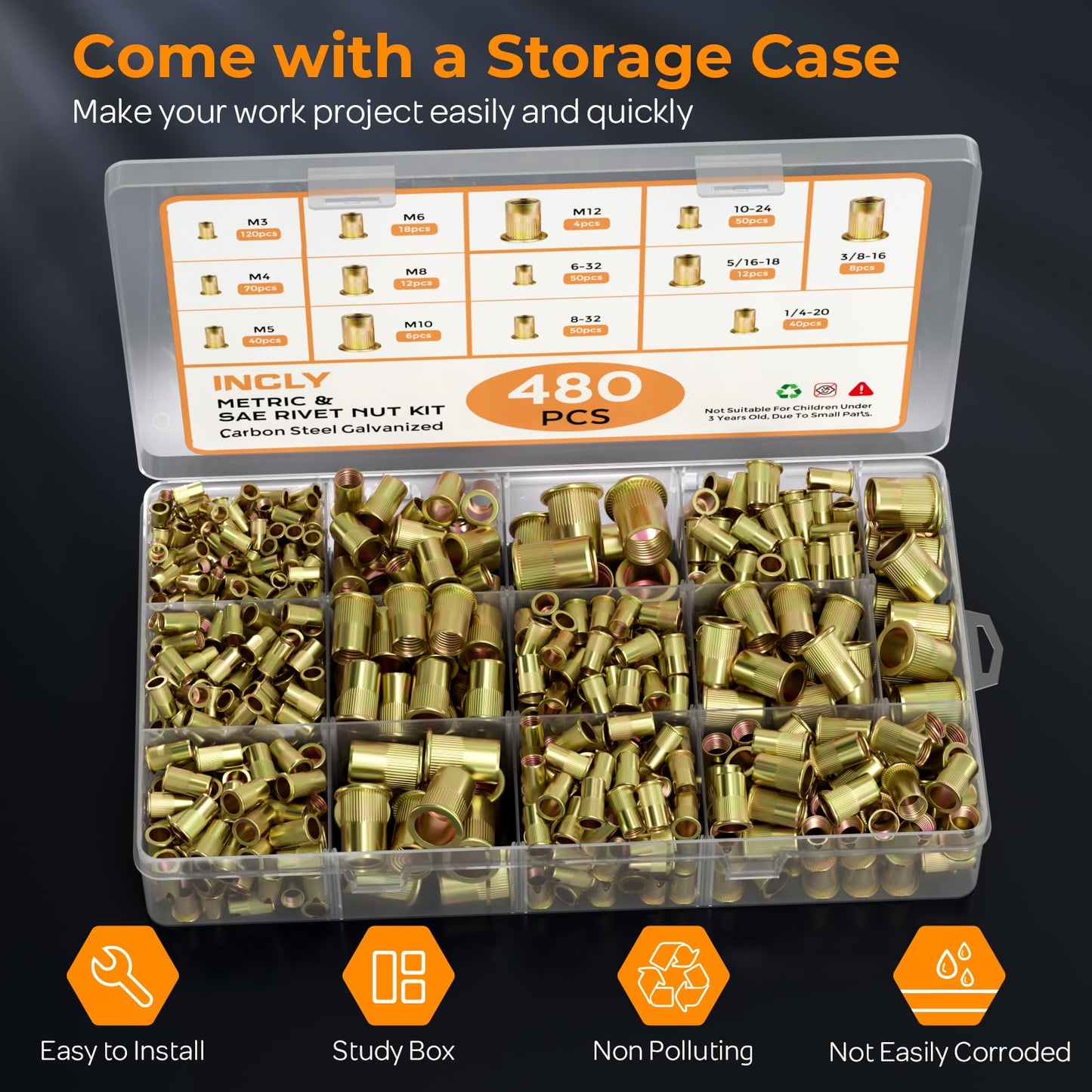 INCLY 480PCS SAE & Metric Rivet Nuts Assortment Kit, Rivet Nut Kit, M3 M4 M5 M6 M8 M10 M12,6-32,8-32,10-24,1/4-20,5/16-18,3/8-16 Flat Head Rivnuts, Galvanized Carbon Steel Threaded Inserts Nutserts