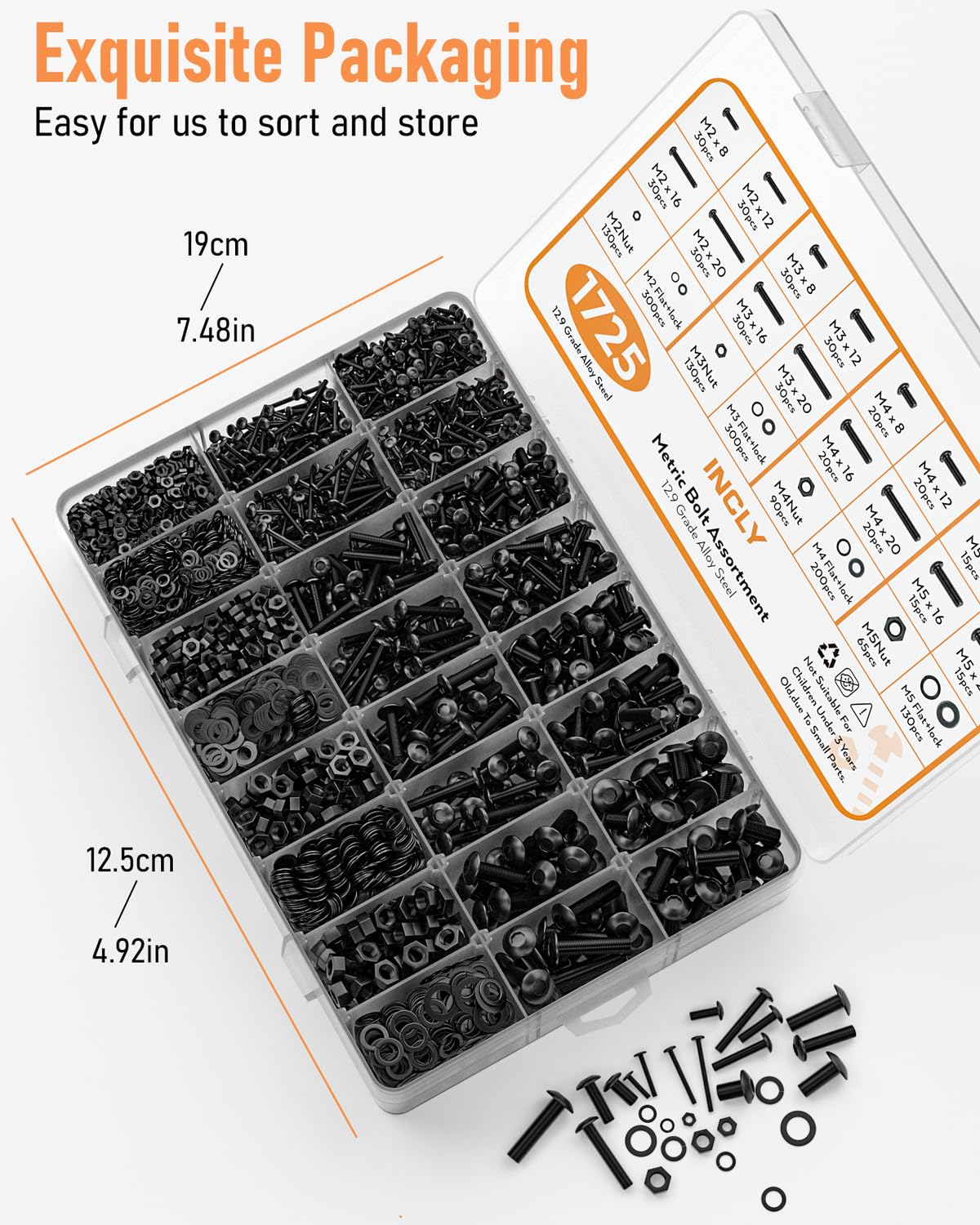 INCLY 1725PCS Metric Screw Assortment, M2 M3 M4 M5 Machine Screws, Black Nuts and Bolts with Lock & Flat Washers, Grade 12.9 Alloy Steel Hex Socket Head Cap Bolt Set with 4 Wrenches and 1 Tweezer