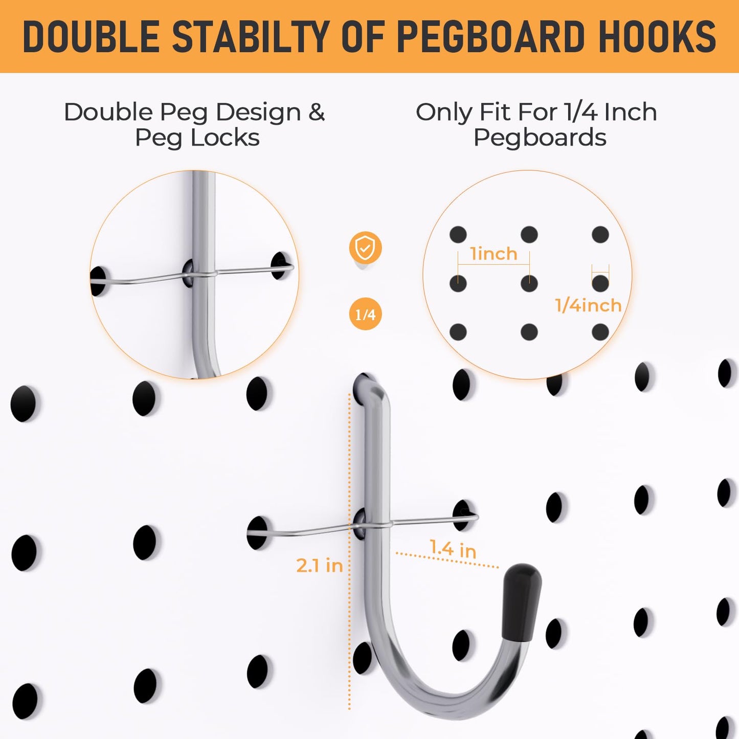 INCLY 1/4 Inch Pegboard Hooks, 100PCS Heavy Duty Metal Pegboard J Hooks Accessories with Peg Locks & Rubber Tipped, Peg Board Tool Hangers Fit 1/4" Pegboard for Wall Hanging Tools or Display Jewelry