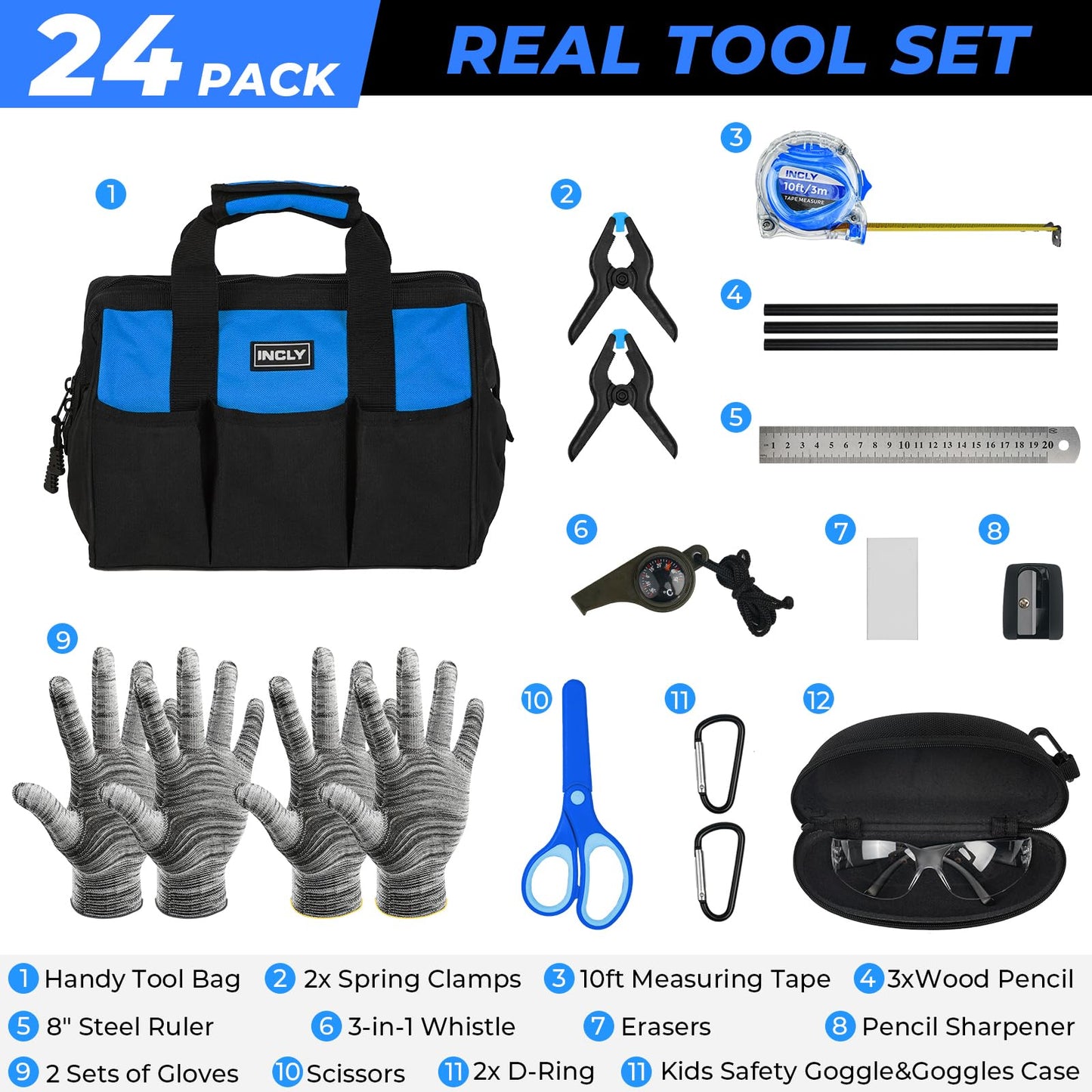 INCLY 24 PCS Real Tool Set with Tool Bag, Small Real Hand Tools Kit, Construction Learning Tools Hammer Screwdriver for Home DIY Building and Woodworking