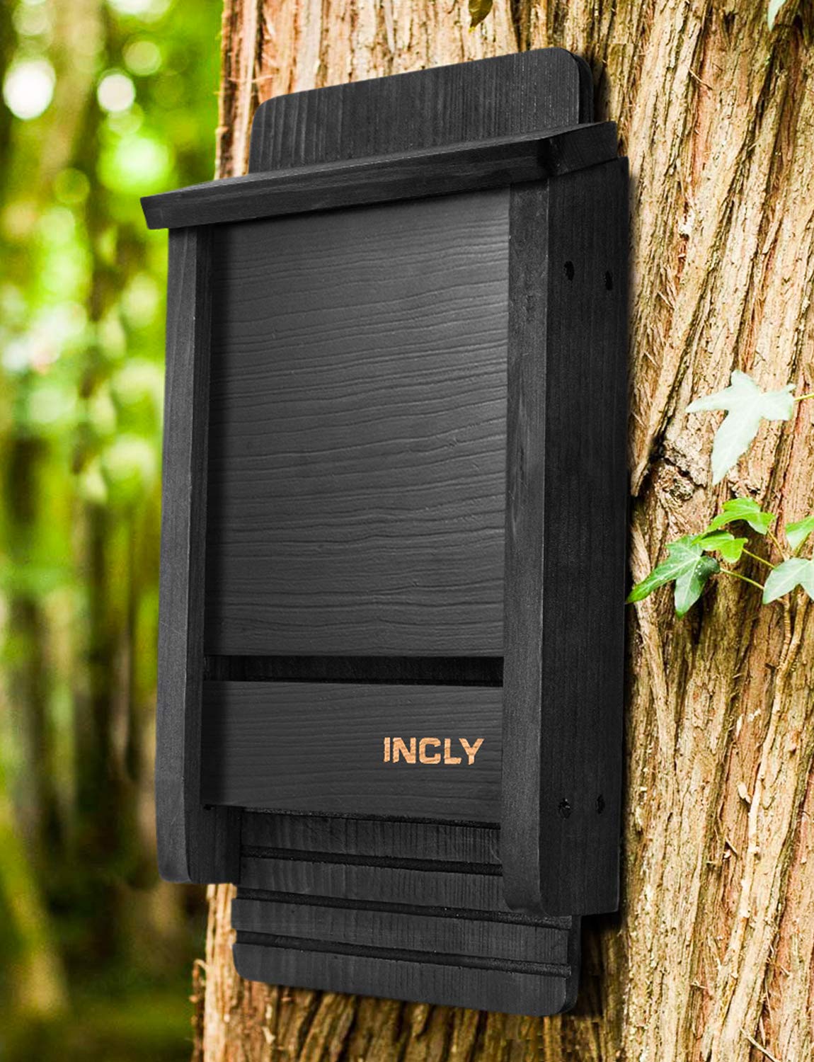 INCLY Small Bat House Kit for Outdoors 14.6"x6.7"x2.2" Shelter Box Roosting Single Chamber Black Natural Cedar Wood, Pre-Finished Easy to Install