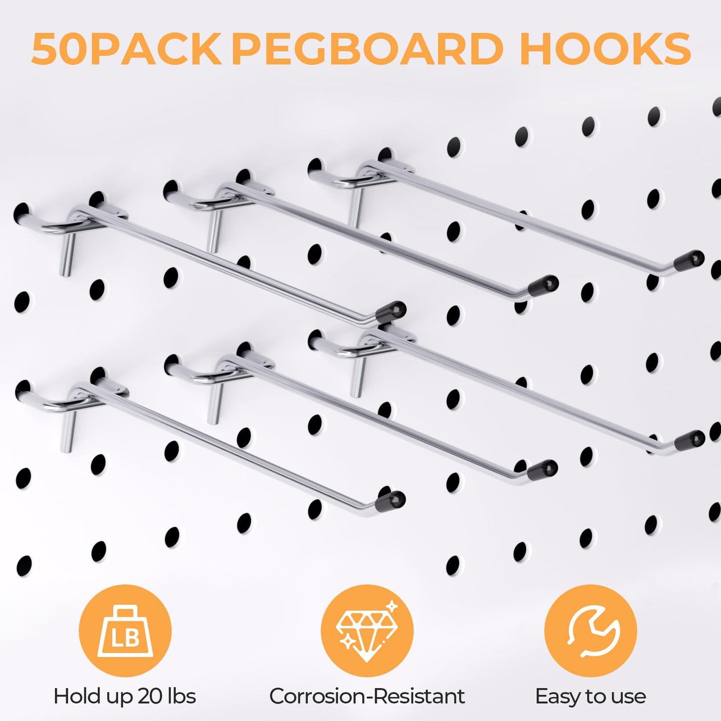INCLY 50 Pack Pegboard Hooks, 6 Inch Metal Peg Board Shelving Hooks Accessories, Peg Board Tool Hangers Fit for 1/8“ and 1/4" Pegboard Hanging Tools for Garage, Craft Room, Kitchen, Store