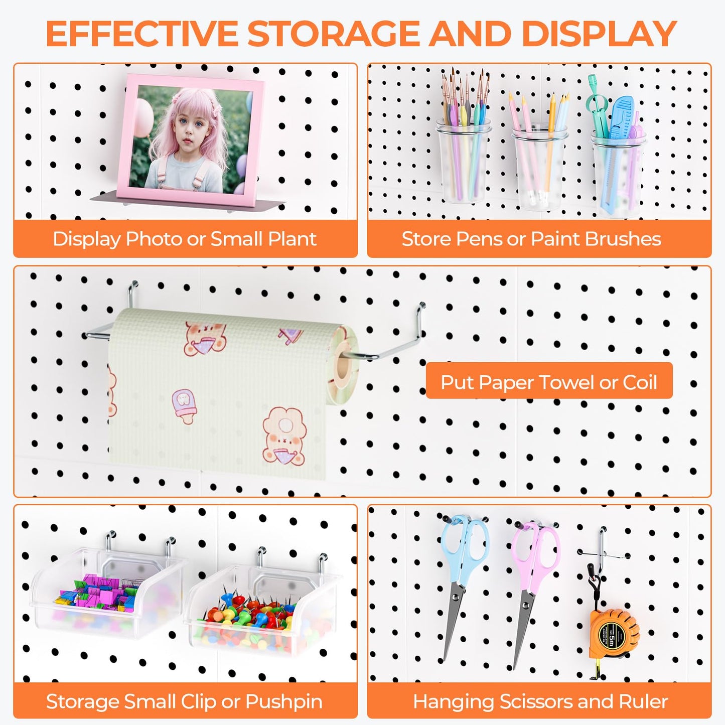 INCLY 70PCS Metal Peg Board Kit with 1/4" Pegboard Accessories, 4 Pack White Pegboard Panels, Bins, Cups and Peg Board Hooks, Paper Towel Holder, Pegboard Wall Organizer for Craft Room, Office, Sewing