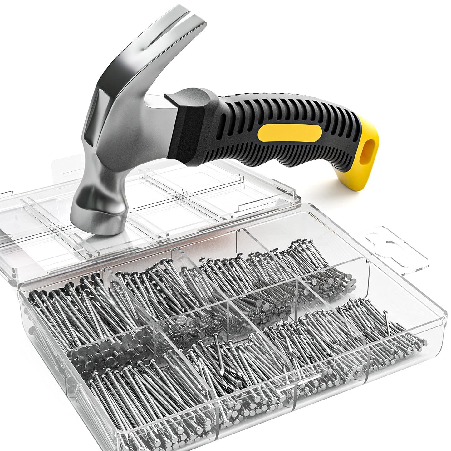 INCLY 620 PCS Small Nails for Hanging Pictures Assortment Kit with 8oz Claw Small Hammer, Mini Hammer Set with Hardware Nails Assorted Set 310 Wall Nails & 310 Finish Nails for Installing with Case