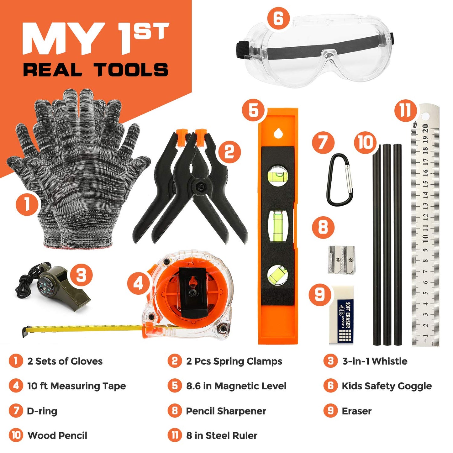 INCLY 18PCS Real Tool Set with Reinforced Belt, Adjustable Waist 20"-32", Real Hand Tools Kit Construction Learning Tools Hammer Screwdriver for Home DIY Building & Woodworking