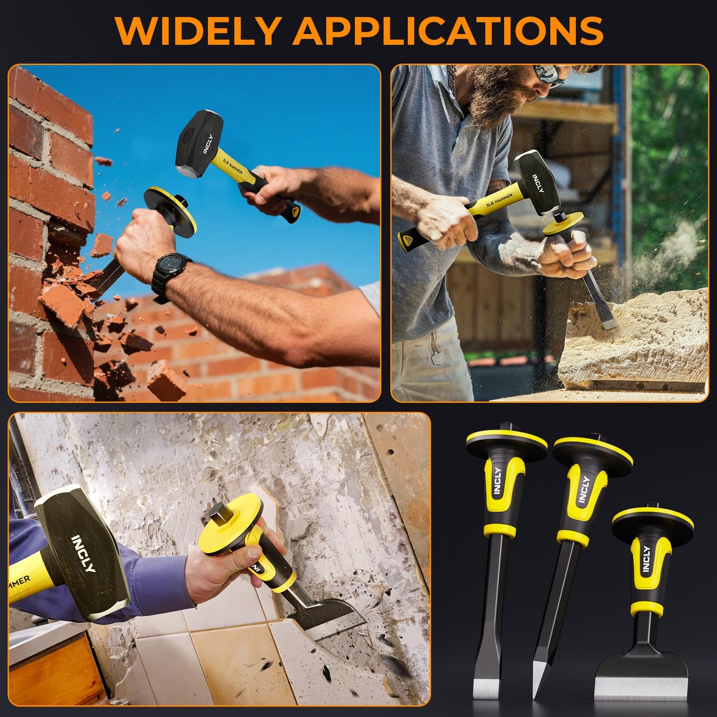 INCLY 3PCS Masonry Chisel Set with Hand Guard, Stone and Rock Chisel, Heavy Duty Concrete Chisel Tools Including 11 Inch Point & Flat, 8 Inch Brick Chisels for Breaking Splitting Cutting