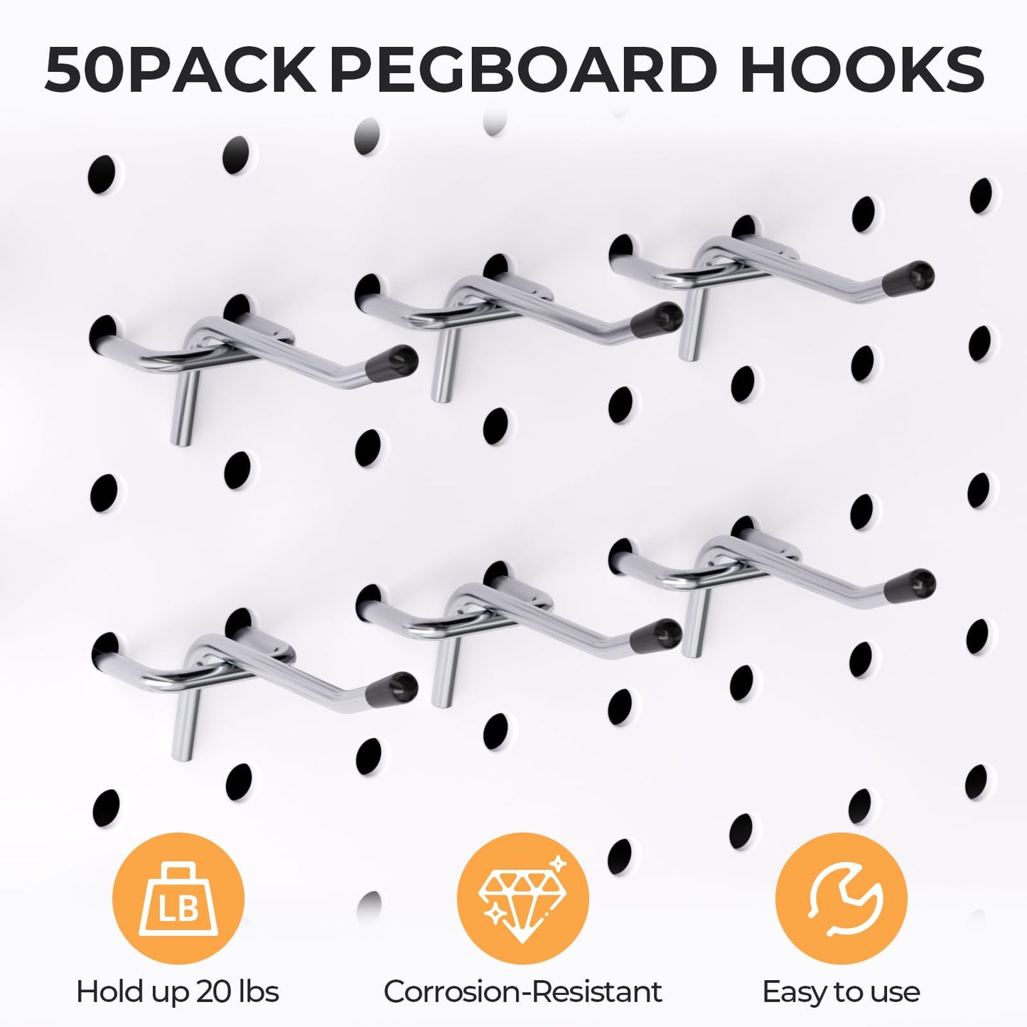 INCLY 50 Pack Pegboard Hooks, 2 Inch Metal Peg Board Hooks Accessories, Peg Board Tool Hangers Fit for 1/8“ and 1/4" Pegboard Hanging Tools for Garage, Craft Room, Kitchen, Store